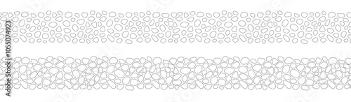 Stones seamless borders vector set. Black and white paving seamless patterns. Smooth pebble template background. Doodle cobblestones and cute rounded outlines shapes for interior and science design