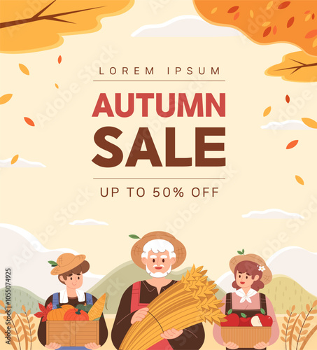 Fall pop-up banner design. Autumn background with farmers holding baskets of crops.