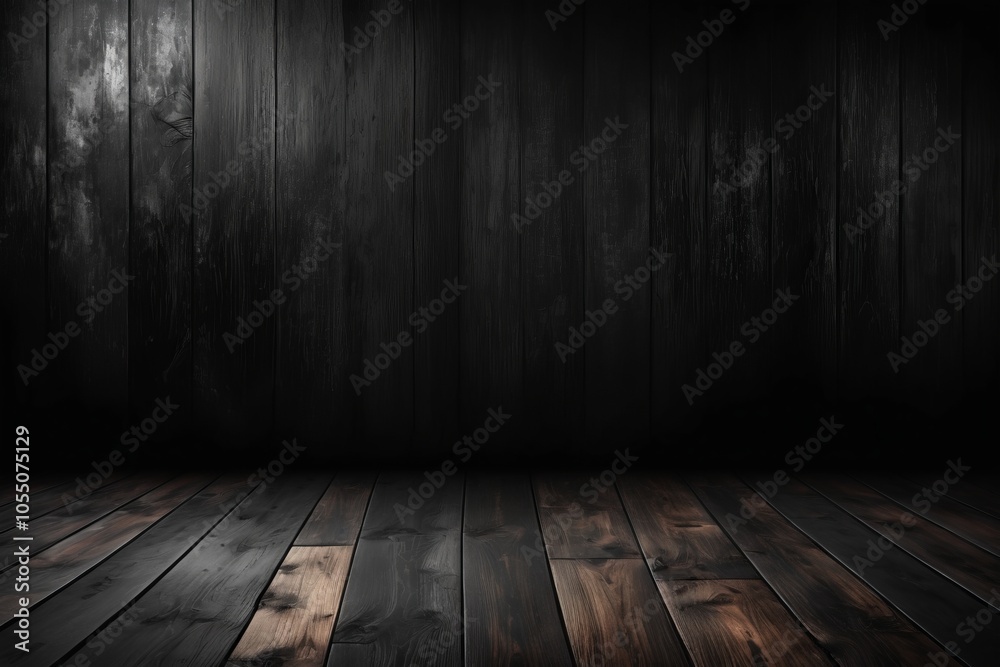 An old room with a wooden floor featuring grunge textures, vintage elements, and a dark, aged atmosphere The interior has concrete and brick walls, creating a rough, empty