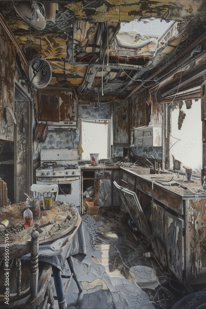 Naklejka premium Capture a panoramic view of a post-apocalyptic kitchen, infusing surrealism through unique camera angles in traditional acrylic medium for a dramatic effect