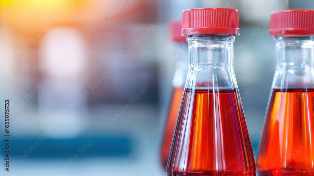 Three glass bottles with red caps, filled with a vibrant red liquid, set against a blurred background, suggesting a laboratory or production environment. Three glass bottles with red caps, filled with a vibrant red liquid, set against a blurred background, suggesting a laboratory or production environment.