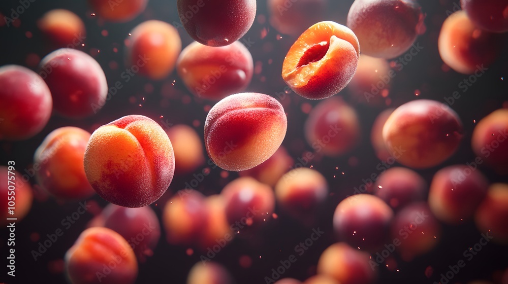 Realistic peaches and plums falling through the air with soft textures and rich colors Realistic peaches and plums falling through the air with soft textures and rich colors