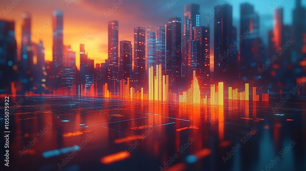 A futuristic cityscape with vibrant soundwave visuals against a sunset backdrop.