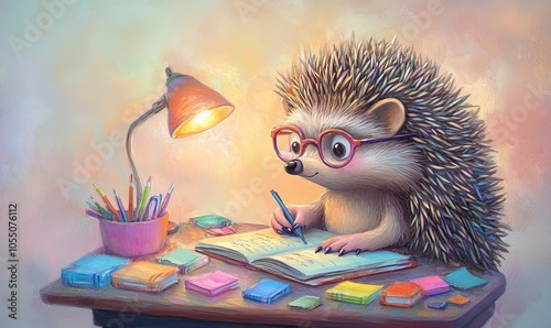 A cute hedgehog wearing glasses sits at a desk with a lamp, pencils, books and a notebook writing. photo