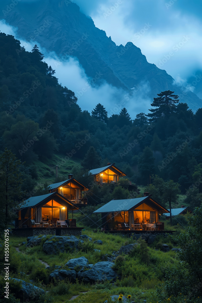 A serene nighttime scene of a mountainous landscape with a group of illuminated cabins A serene nighttime scene of a mountainous landscape with a group of illuminated cabins
