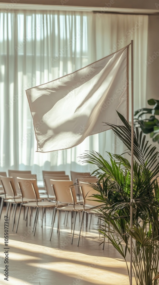 A white flag mockup hangs in a dimly lit conference hall with empty chairs and plants A white flag mockup hangs in a dimly lit conference hall with empty chairs and plants