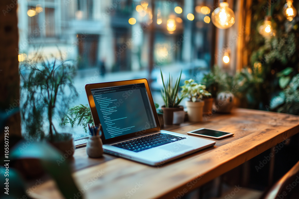 laptop is open on a wooden desk with a view of a window and potted plants. The laptop is displaying a message on the screen, and the plants add a touch of greenery to the scene laptop is open on a wooden desk with a view of a window and potted plants. The laptop is displaying a message on the screen, and the plants add a touch of greenery to the scene