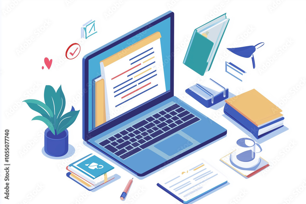 laptop is on a table with a potted plant and several books. The laptop screen is open to a document. Concept of productivity and focus laptop is on a table with a potted plant and several books. The laptop screen is open to a document. Concept of productivity and focus