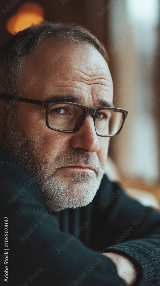 A middle-aged man with rectangular glasses sits pensively on a light wooden surface A middle-aged man with rectangular glasses sits pensively on a light wooden surface