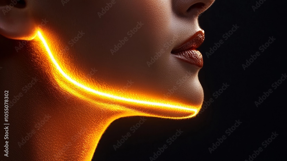 Close-up of a woman's profile with glowing, golden skin-lifting lines on her cheekbones and jaw, illuminated by warm light, symbolizing advanced anti-aging beauty Close-up of a woman's profile with glowing, golden skin-lifting lines on her cheekbones and jaw, illuminated by warm light, symbolizing advanced anti-aging beauty