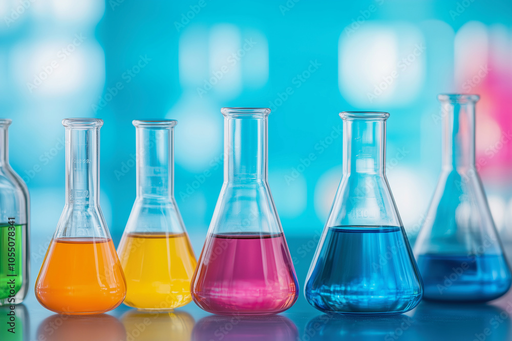 lab table with several glass beakers and test tubes, including one with a red liquid in it lab table with several glass beakers and test tubes, including one with a red liquid in it
