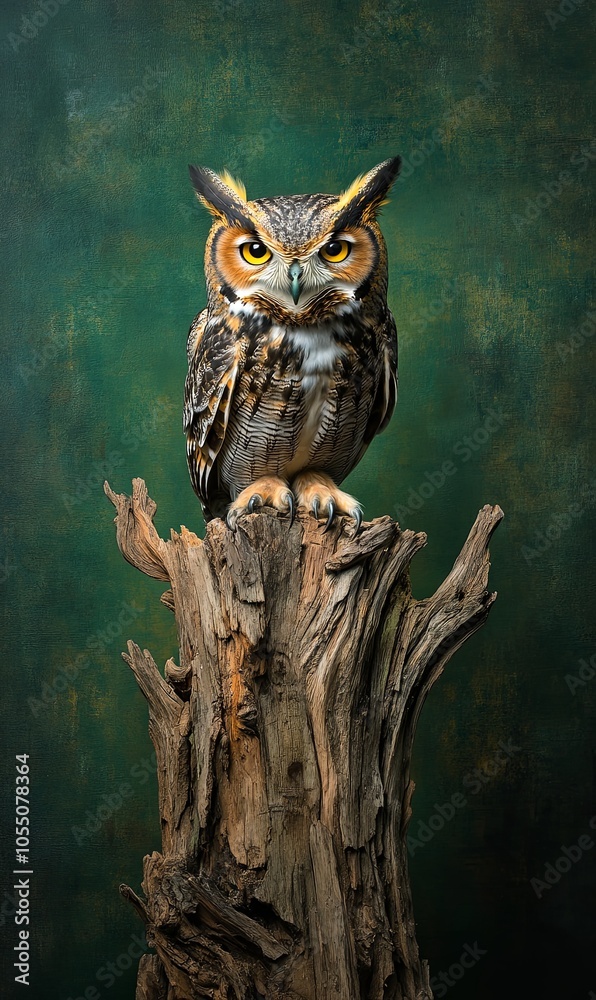 A great horned owl perched on a weathered tree stump against a green background, staring intently at the camera. A great horned owl perched on a weathered tree stump against a green background, staring intently at the camera.