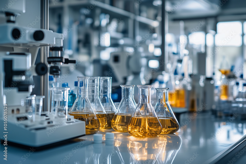 lab with many glass beakers and test tubes on a table. Scene is scientific and focused lab with many glass beakers and test tubes on a table. Scene is scientific and focused