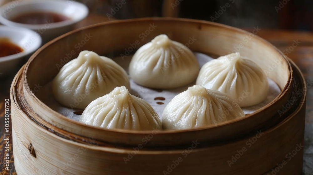 Steamed Dumplings in Bamboo Steamer with Dipping Sauces Steamed Dumplings in Bamboo Steamer with Dipping Sauces