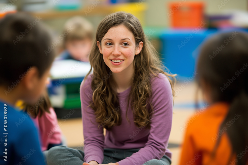woman in a purple shirt is sitting with a group of children. She is smiling and she is a teacher woman in a purple shirt is sitting with a group of children. She is smiling and she is a teacher