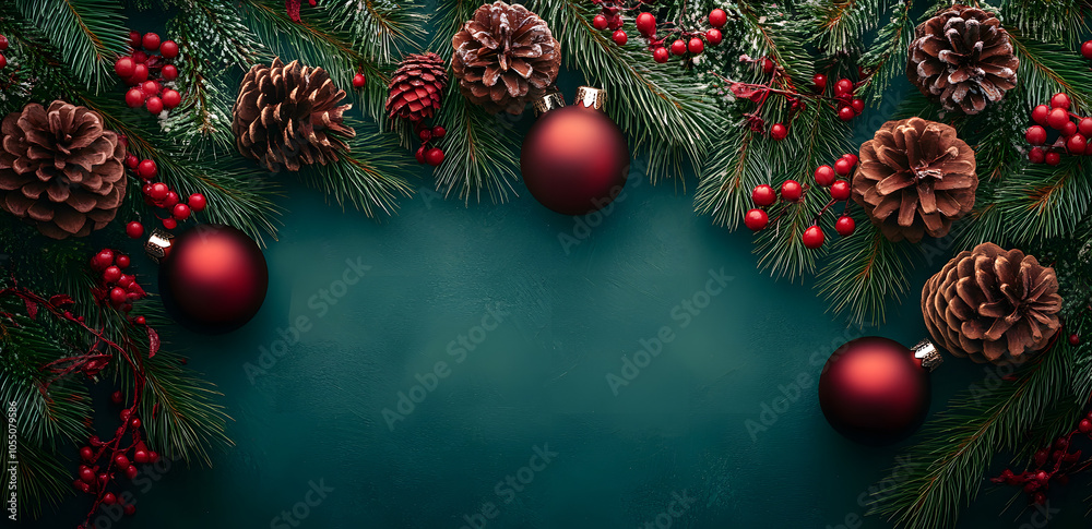 Christmas red decoration and spruce tree on green background top view. Merry Christmas and Happy Holidays greeting card, frame, banner. New Year. Noel. Winter xmas theme. Christmas red decoration and spruce tree on green background top view. Merry Christmas and Happy Holidays greeting card, frame, banner. New Year. Noel. Winter xmas theme.