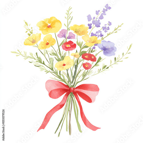 Wallpaper Mural Watercolor illustration of a vibrant bouquet of wildflowers tied with a red ribbon Torontodigital.ca