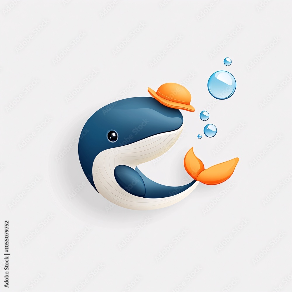Obraz premium Cartoon Baby Whale in Sun Hat with Bubbles