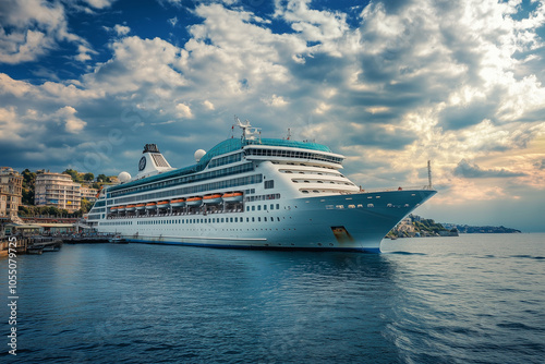 large cruise ship is sailing in the ocean. The ship is white and blue and has a yellow stripe on the side. The sky is clear and the water is calm