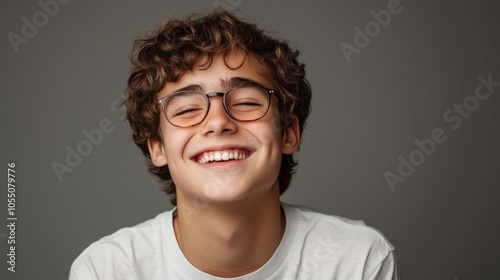 A young man with curly hair and glasses is smiling