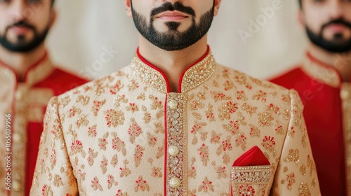 Group of Men Wearing Ornate Embroidered Traditional Pakistani Sherwanis at a Vibrant Festive Wedding Ceremony photo