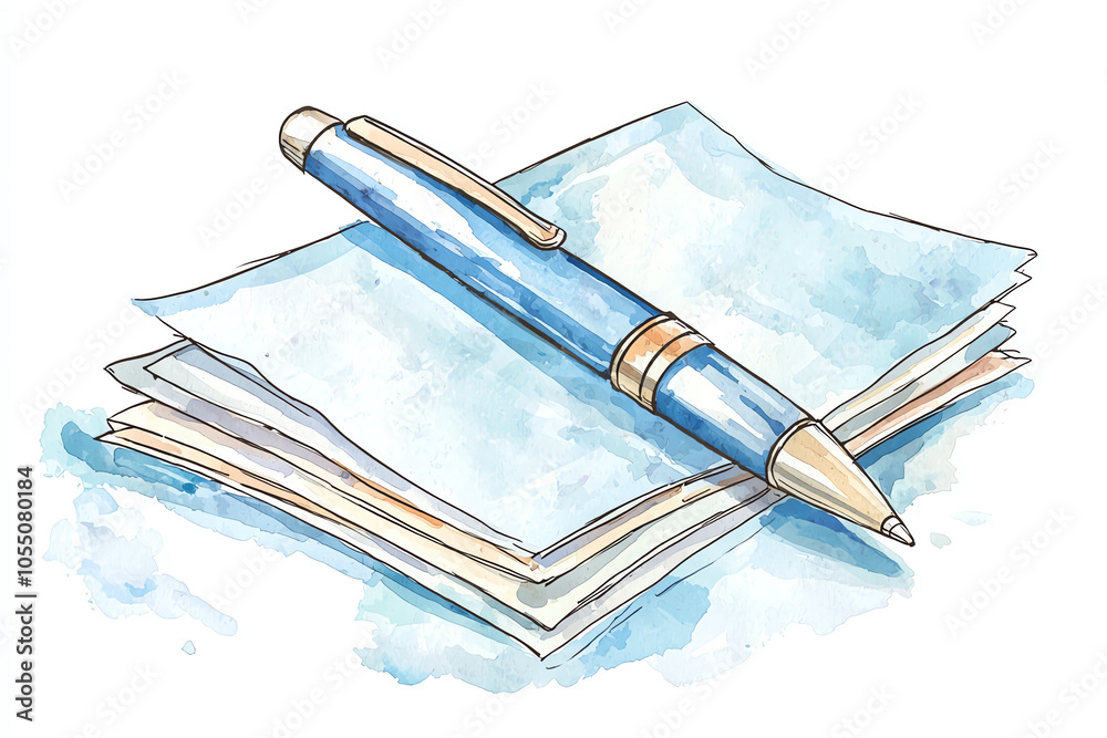 custom made wallpaper toronto digitalWatercolor illustration of a simple ballpoint pen resting on a stack of papers with light blue accents