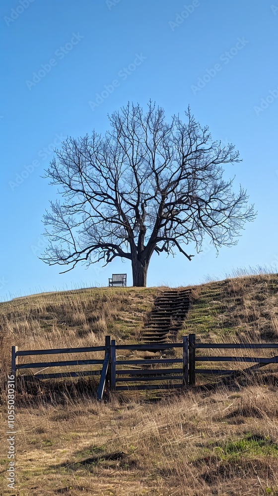 A lone tree stands tall on a hilltop with a wooden fence and a bench, under a clear blue sky. A lone tree stands tall on a hilltop with a wooden fence and a bench, under a clear blue sky.