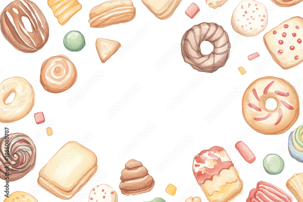 Soft watercolor illustration of Christmas sugar cookies on the right and left-hand sides of a table Soft watercolor illustration of Christmas sugar cookies on the right and left-hand sides of a table