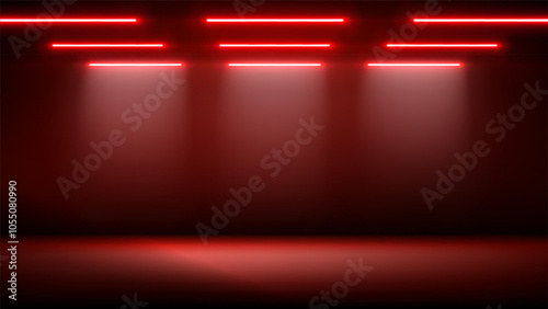 Studio interior, stage with neon, led lighting. Background, backdrop for mounting, product placement. Modern red black interior with light. Design element. Vector background, template, mockup