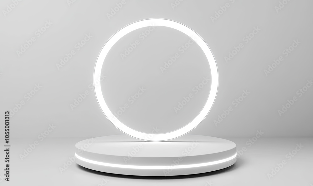 A minimalist white platform with a glowing halo, perfect for showcasing products or branding. A minimalist white platform with a glowing halo, perfect for showcasing products or branding.