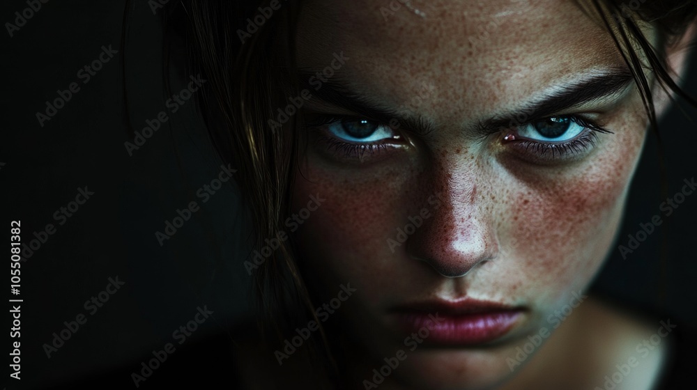 A woman with a red nose and blue eyes stares at the camera A woman with a red nose and blue eyes stares at the camera