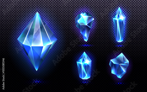 Blue crystal gem. Magic ice stone game ui vector icon. Sapphire jewel treasure isolated element. Frozen arctic chunk cluster item. 3d realistic mineral asset with light glow art for app design