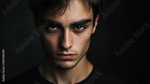 A man with a beard and dark hair is staring at the camera