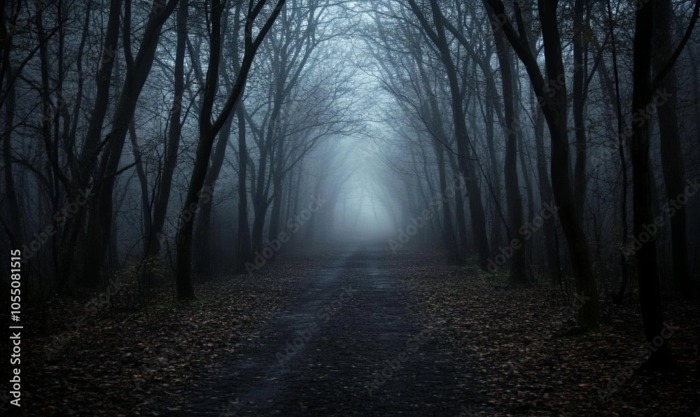 Naklejka premium A mysterious path through a dense forest, shrouded in fog, leading to an unknown destination.
