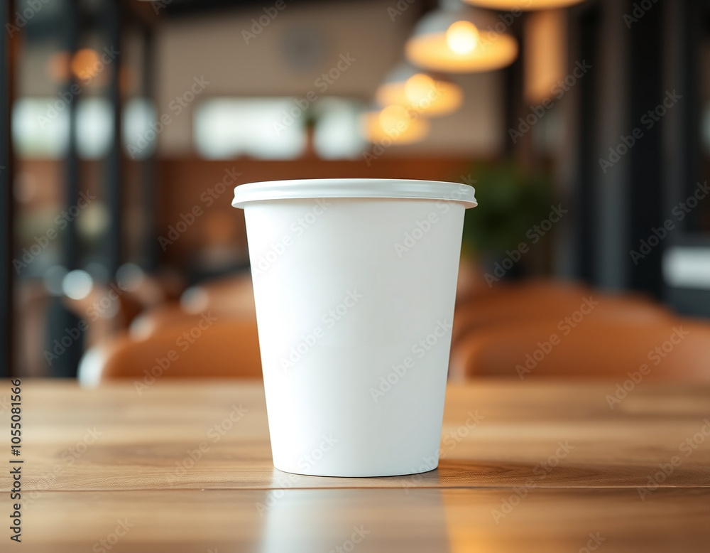Minimalist White Paper Cup on Wooden Table in Cozy Cafe Setting - Mockup Minimalist White Paper Cup on Wooden Table in Cozy Cafe Setting - Mockup