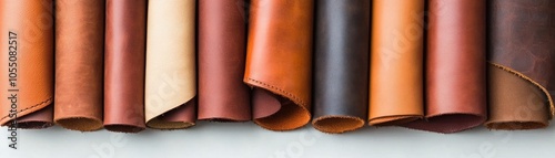 Variety of leather rolls displayed, showcasing rich colors and textures, ideal for crafts and fashion. photo