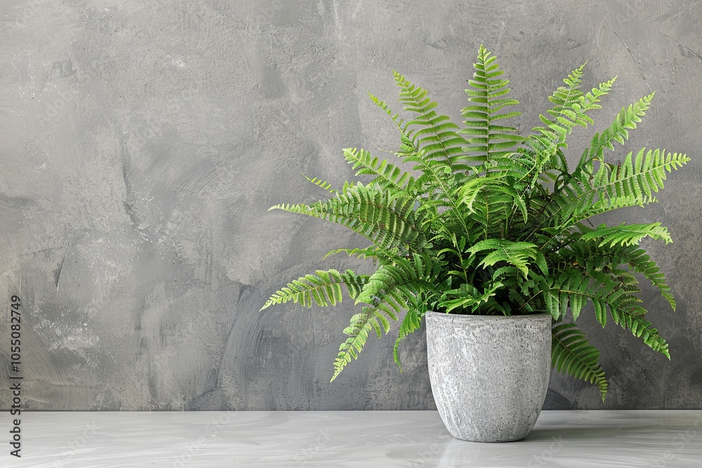 A potted fern plant with lush green fronds against a textured gray wall. A potted fern plant with lush green fronds against a textured gray wall.