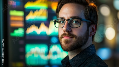 A man with glasses is looking at a computer screen with a lot of graphs