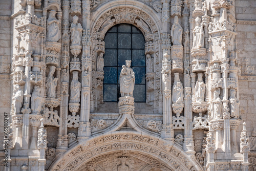 Portal of the Jeronimos monastery church of St. Maria of Belem in Lisbon, Portugal, a manueline architectural masterpiece