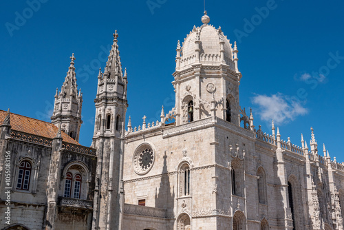 Picturesque roof decoration of famous Jeronimos monastery in Lisbon, a manueline architectural masterpiece