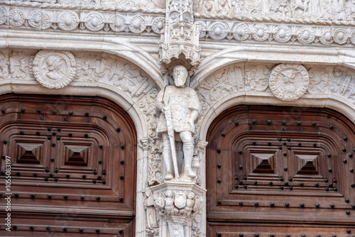 Portal of the Jeronimos monastery church of St. Maria of Belem in Lisbon, Portugal, a manueline architectural masterpiece