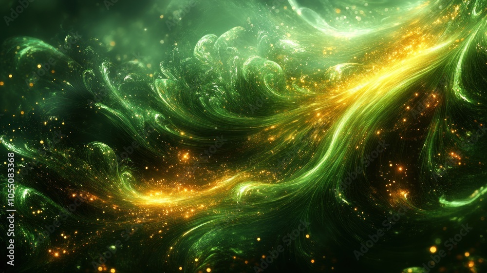 Abstract Swirling Green and Gold Light with Glittering Particles Abstract Swirling Green and Gold Light with Glittering Particles