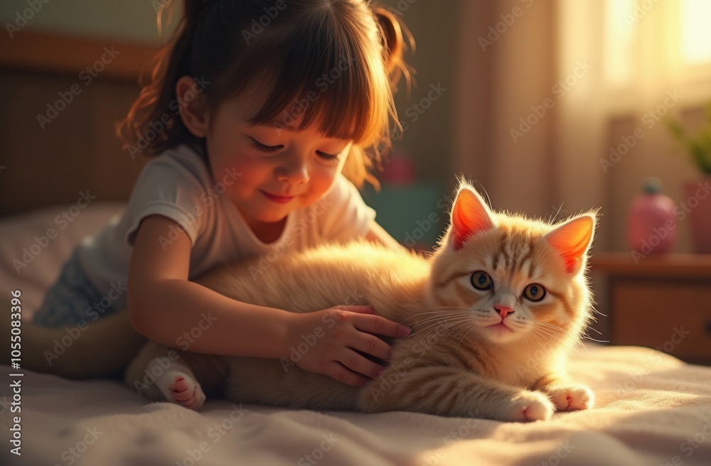 A young girl enjoys playful moments with her fluffy orange cat in a cozy bedroom during the afternoon A young girl enjoys playful moments with her fluffy orange cat in a cozy bedroom during the afternoon