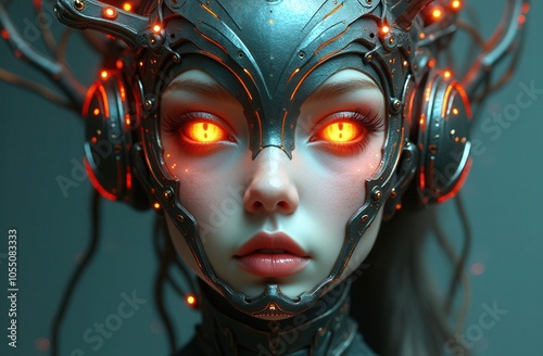 A futuristic humanoid figure with glowing eyes and intricate metallic headgear, set against a minimalist background