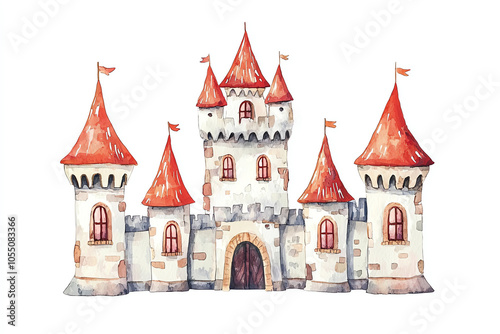 Watercolor illustration of a majestic fairytale castle with red rooftops