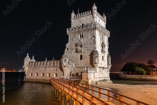 Iconic manueline gothic Belem Tower in Lisbon at night