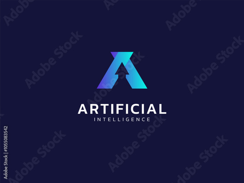 Artificial intelligence with letter A Up arrow overlapping shapes technology Analysis logo vector design concept. AI technology logotype symbol for advance technology, tech company, ui, robotic, web.