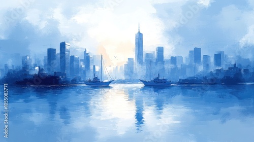 Two sailboats docked in front of a cityscape at sunrise