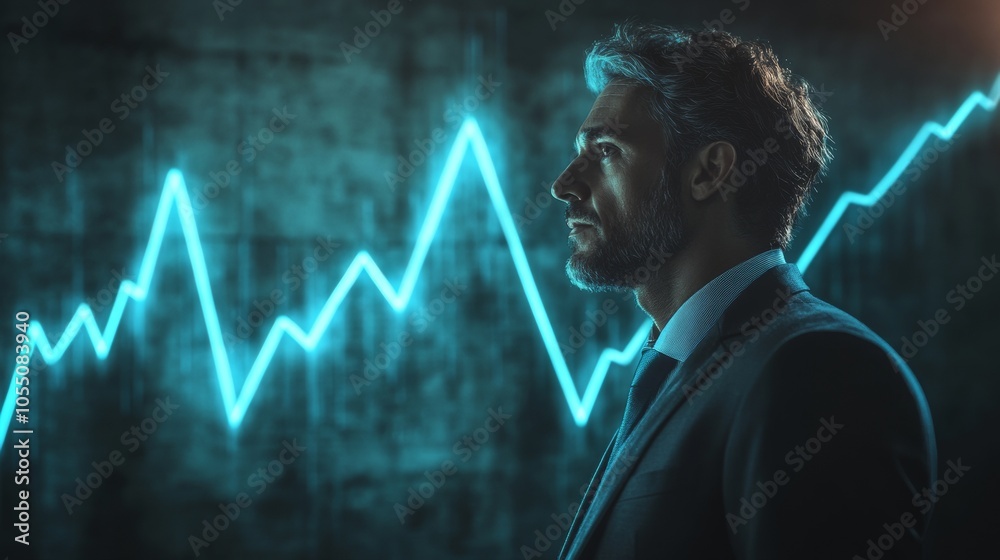 A man in a suit is looking at a graph on a wall A man in a suit is looking at a graph on a wall