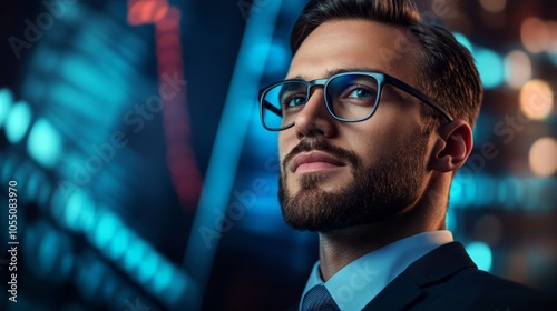 A man wearing glasses and a suit is looking at the camera